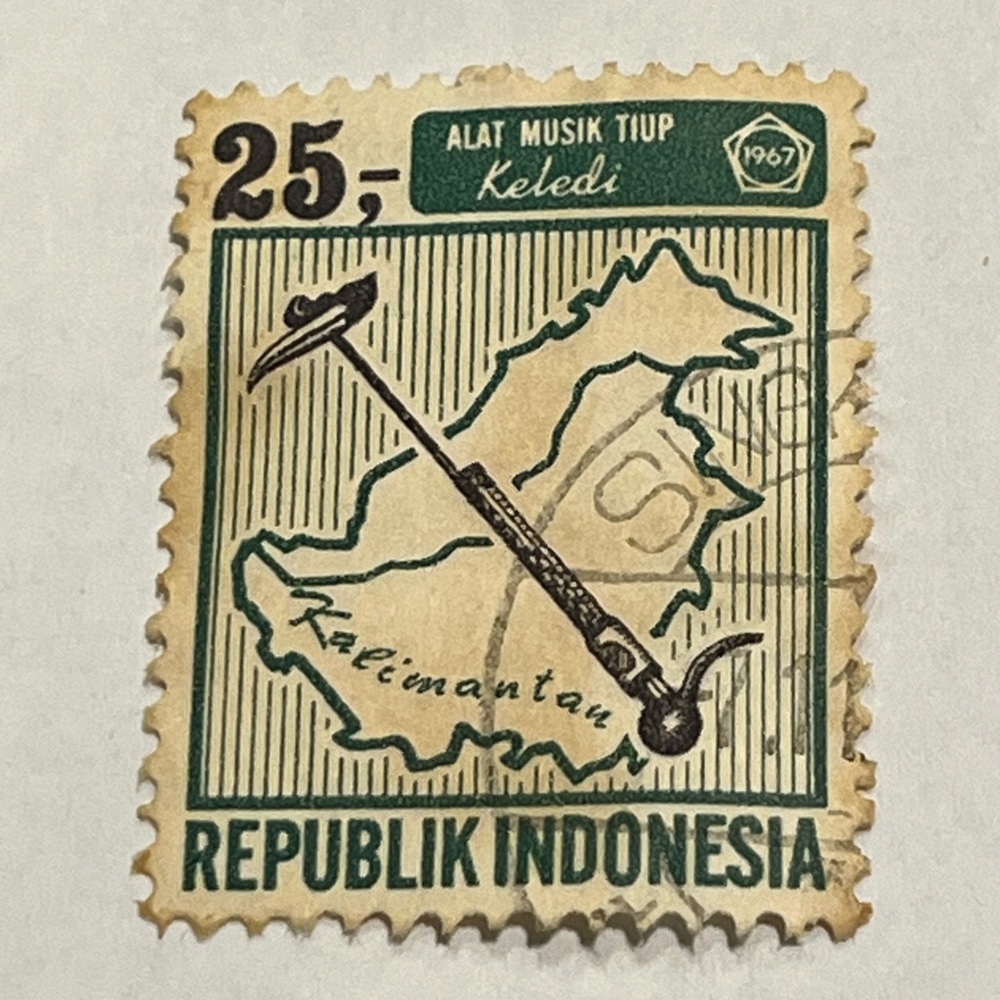 Old Vintage Used Indonesian Borneo / Keledi Music Instrument 1967 Postage Stamp